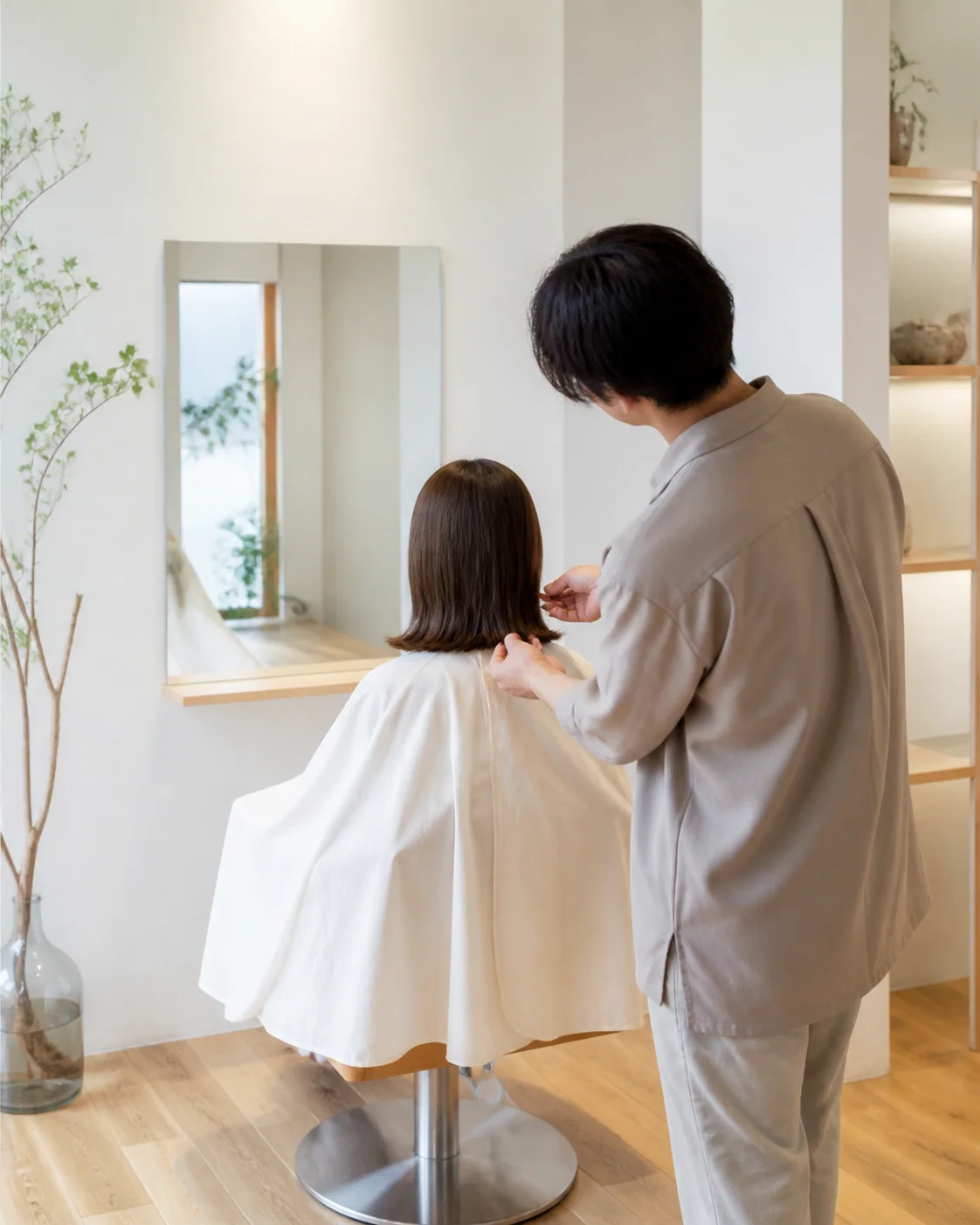 明るい一席のサロンで、スタイリストが鏡越しに髪の長さを確認している様子