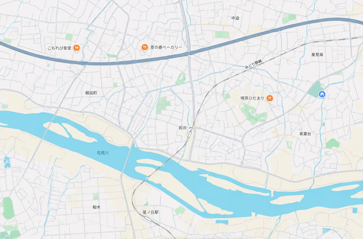 和歌山県岩出エリアの岩出駅、星ノ丘駅、花見川と周辺道路を示した案内図