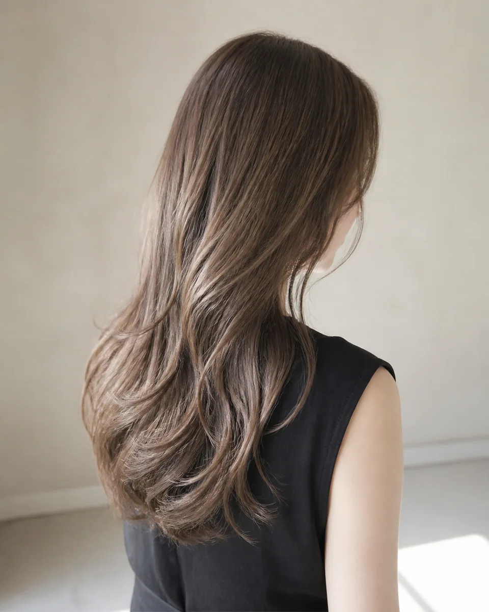 明るいグレージュの背景に映える、艶のあるロングヘアとベージュブラウンカラー