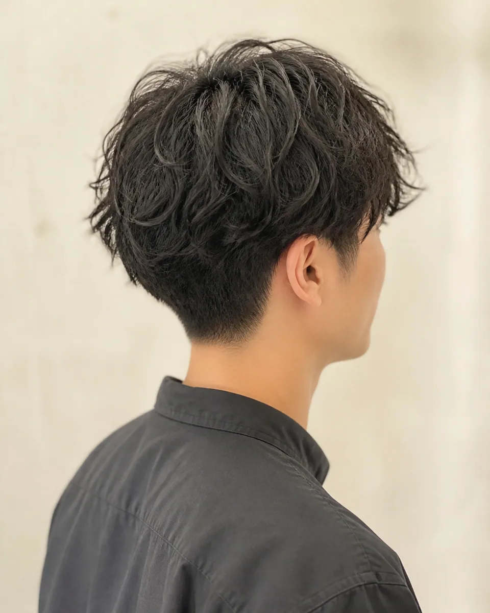 明るい背景で撮影した、襟足をすっきり整えたメンズのゆるいパーマスタイル