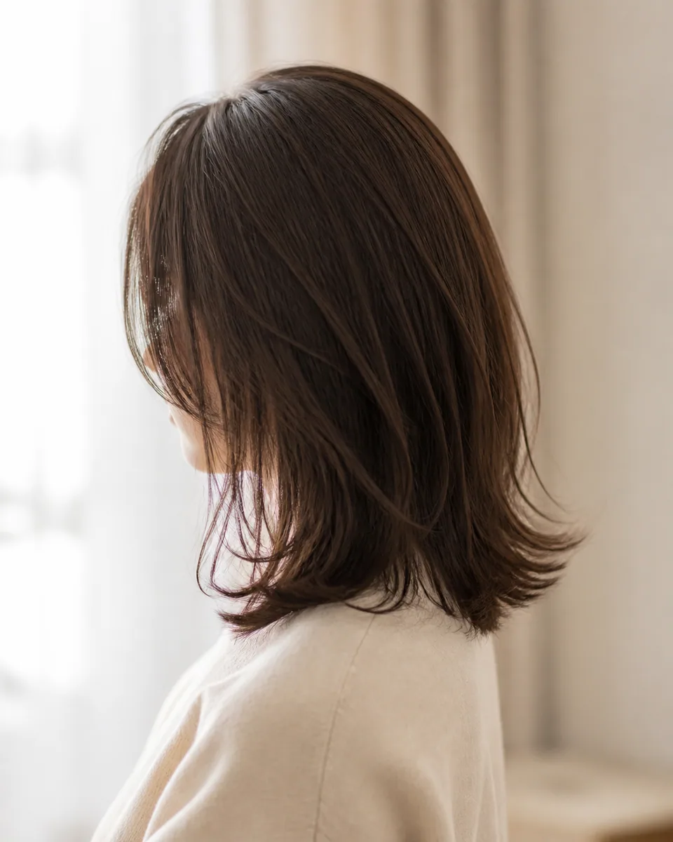 明るい背景に映える、肩につく長さの軽やかなミディアムレイヤー