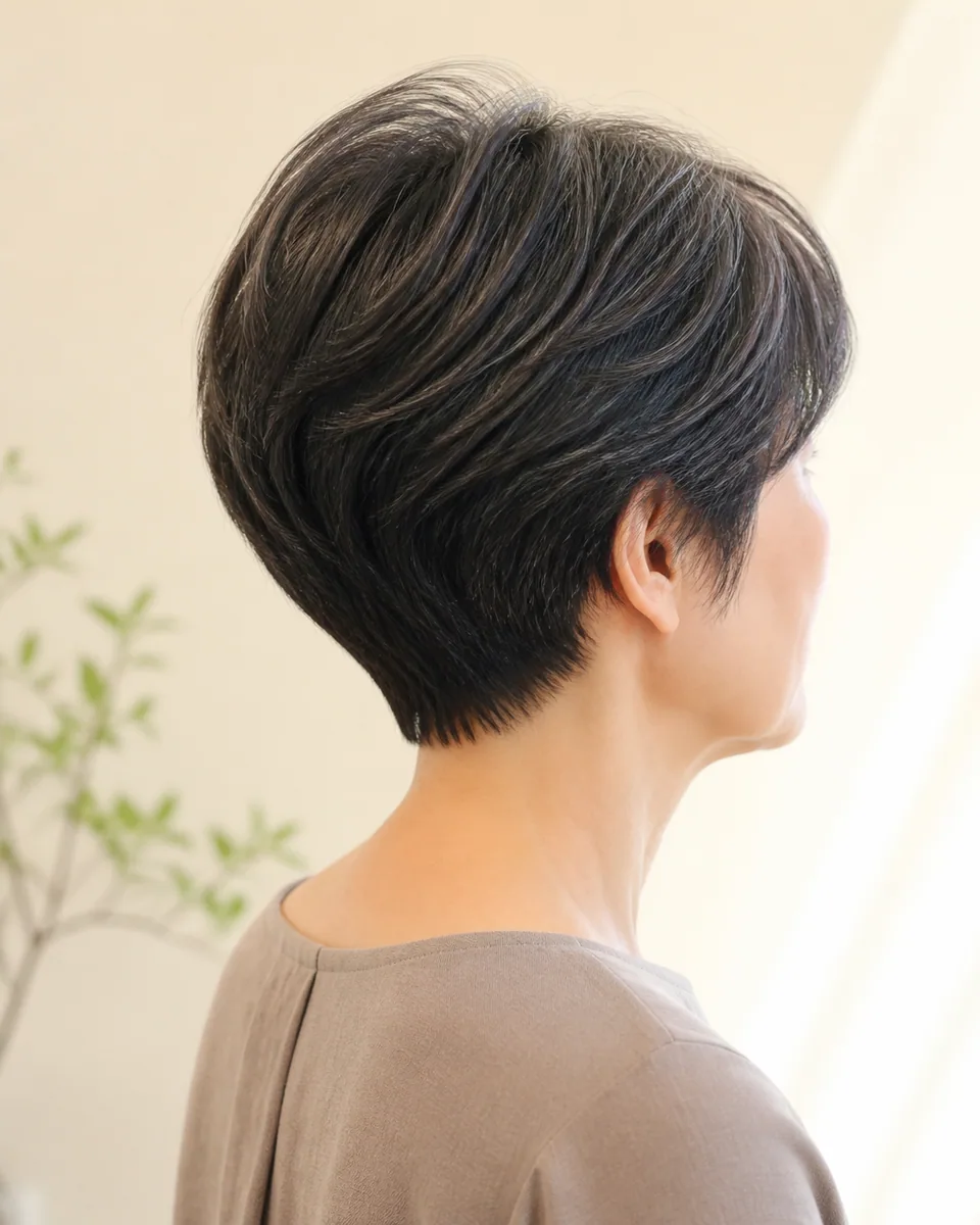自然な白髪をなじませた、トップに柔らかな丸みのある大人のショートスタイル
