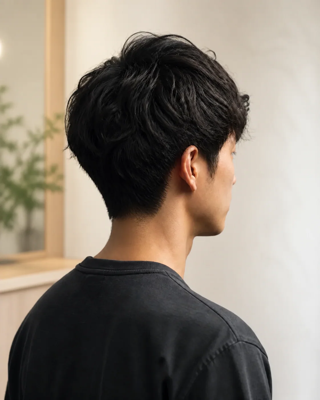 明るい木目調のサロン背景に映える、自然な動きのある短いヘアスタイルの横顔
